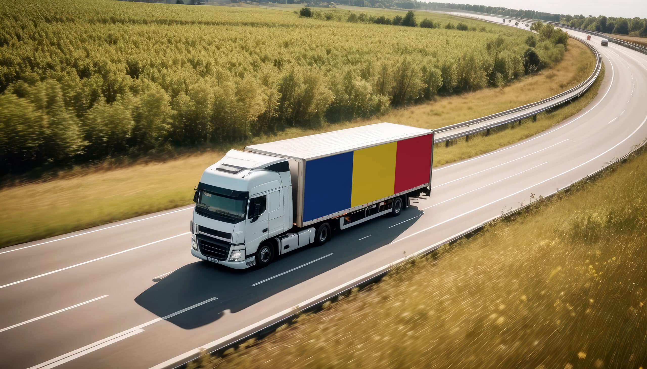 An Romania-flagged truck hauls cargo along the highway, embodying the essence of logistics and transportation in the Romania